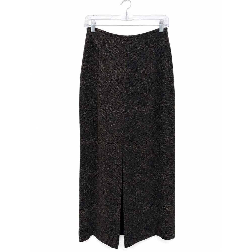 Finity Black Silk Patterned Midi Skirt Slit Size 6 Formal Long